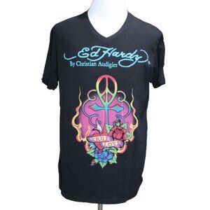 Ed Hardy Peace Love Flames Tattoo T Shirt V-Neck Mens XL VINTAGE USA EUC Y2K 90s